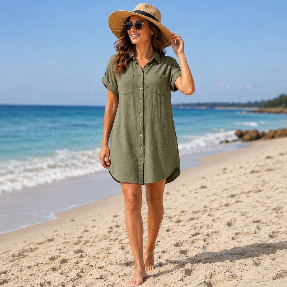 Weatherproof Vintage Olive Green Cotton Gauze Button Down Shirt Dress Small